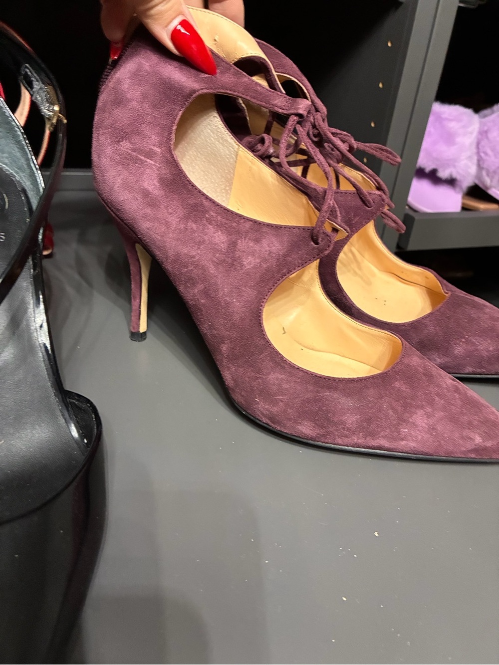 Ivanka Trump Lace-Up Suede Pointed-Toe Heels in Plum